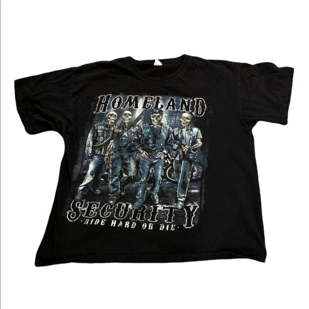Keya Men’s Black T-Shirt “Homeland Security Ride Hard or Die” on front